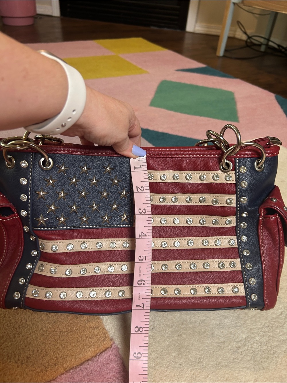 Montana West Red Faux Leather Americana Studded Tote Bag Patriotic Flag Design - Picture 6 of 17